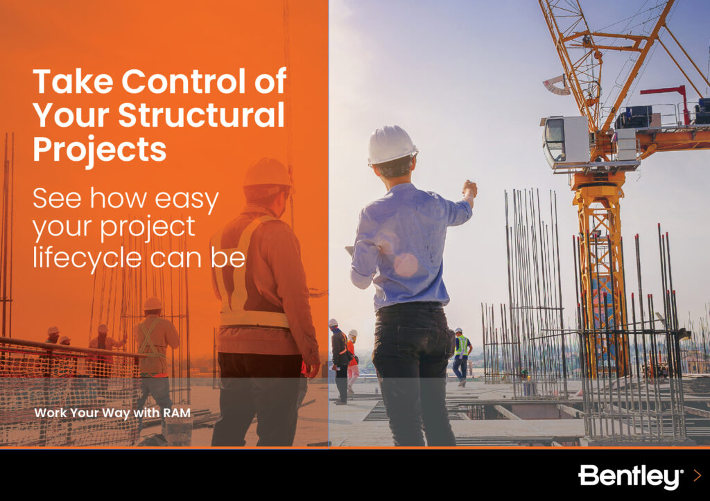 Construction site with workers and heavy machinery, showcasing Bentley's structural project management software, ideal for managing complex projects.