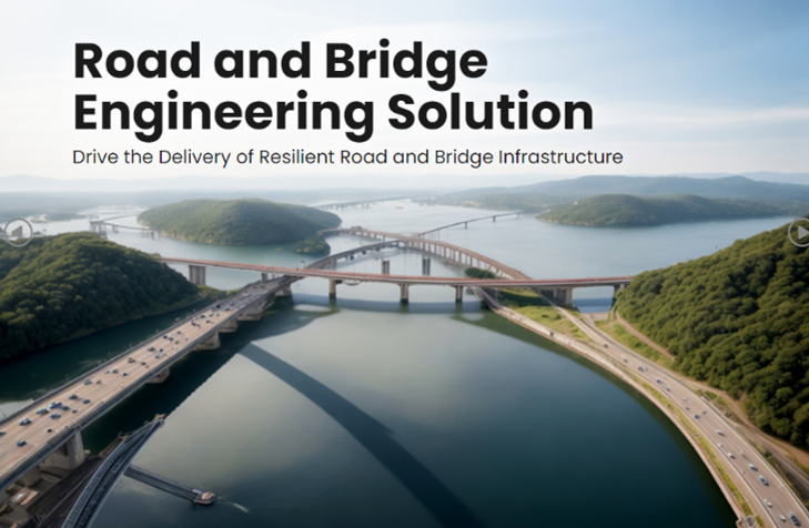 Aerial view of a highway bridge spanning a body of water with another bridge in the background, surrounded by green hills. Text overlay reads, "Road and Bridge Engineering Solution." Thank you for downloading our guide.