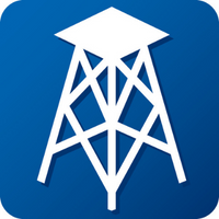 Logo featuring a white stylized offshore oil rig silhouette against a blue square background.