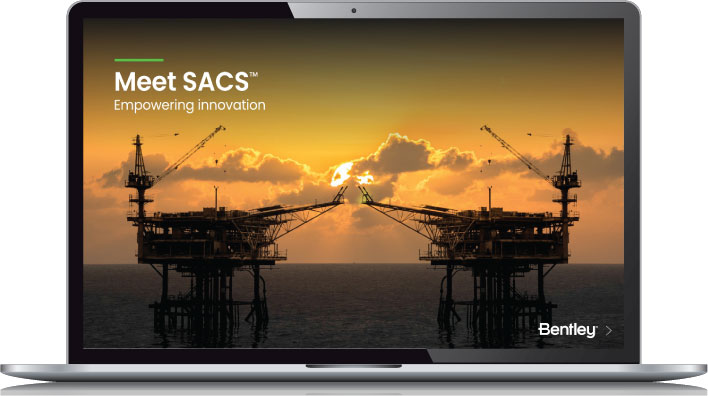 Laptop screen displaying an offshore oil rig image with the text "Meet SACS™ Empowering innovation" and the Bentley logo, highlighting insights from the eBook.