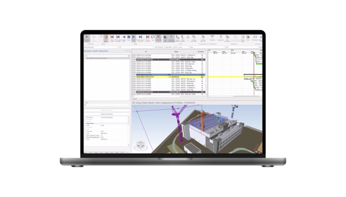 A laptop screen displaying construction project management software with a 3D building model, schedule, and data tables.