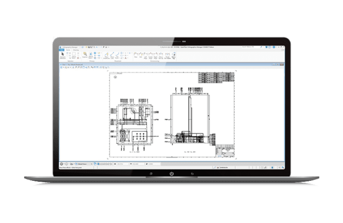 Ekran komputera z oprogramowaniem OpenPlant Orthographics Manager ukazujący dokumentację instalacji przemysłowej
