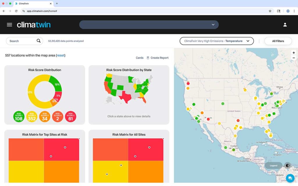 Screenshot of dashboard showing climate risk data with charts and a map.
