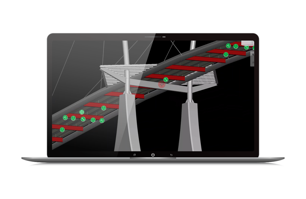 a computer generated rendering of a bridge with red and green digital highlights pin pointing important areas on the bridge