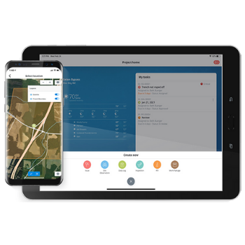 Two digital devices displaying a construction field management interface, with a mobile showing a map and a tablet displaying project management tasks.