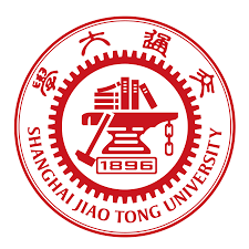 Red and white circular logo of Shanghai Jiao Tong University, featuring books, a gear, scales, the year 1896, Chinese characters, and the university name in English.