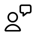 Simple icon of a person with a speech bubble above their head, indicating communication or conversation.
