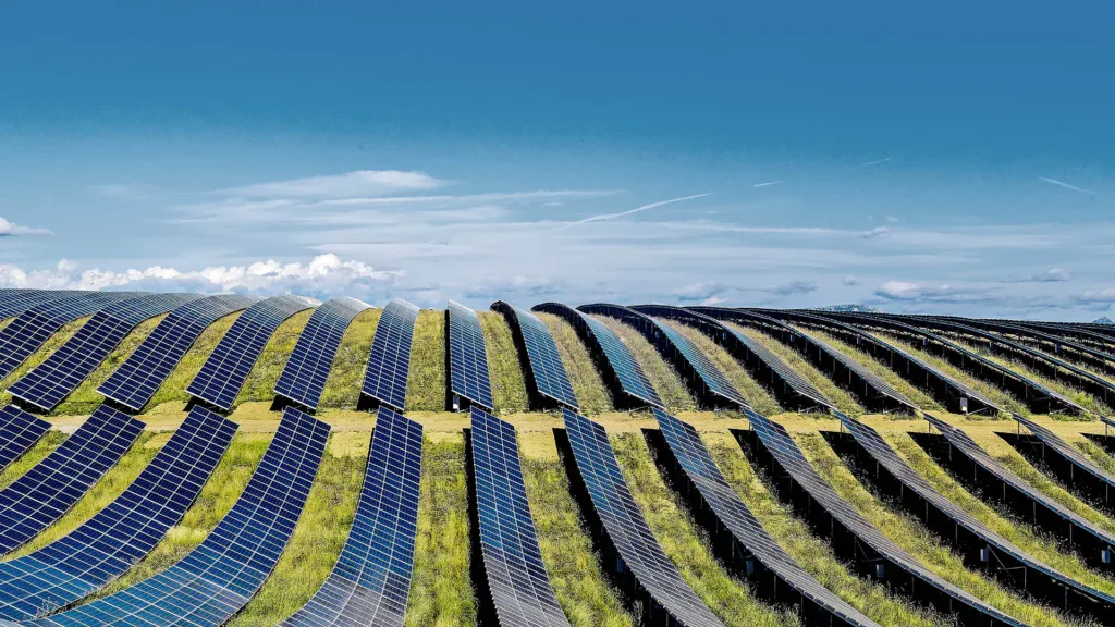 Rows of solar panels are installed on grassy land under a clear blue sky, capturing sunlight for renewable energy generation—an inspiring example featured in the Bentley Solutions Catalog as a guide for participants.