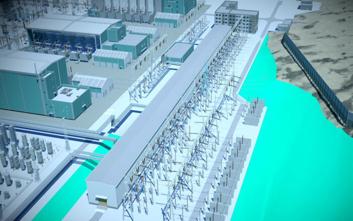 A digital rendering of an industrial facility highlights electric power design, with multiple buildings, electrical infrastructure, and structures situated alongside a turquoise river.