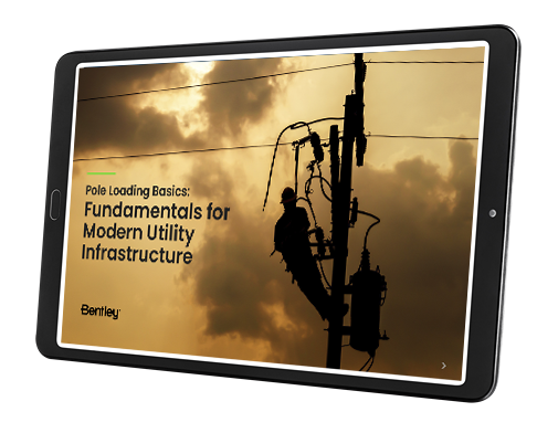 Tablet displaying an image of a worker on a utility pole with text "Pole Loading Basics: Fundamentals for Modern Utility Infrastructure" by Bentley, available as an e-book.