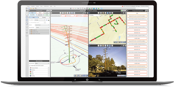 A computer screen displays utility pole mapping software with 3D diagrams, a map, property details, and a street-level image—essential tools for Grid Optimization and building a Better Grid.