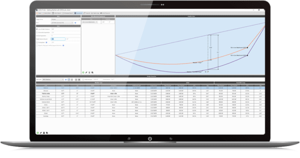 A laptop screen displays engineering software with a graph, data table, and various input options for grid optimization visible on the interface.