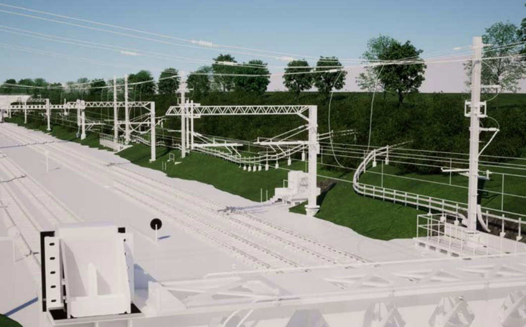 Computer-generated image of a railway track with overhead electric wires, masts, and green trees in the background under a clear blue sky, inspired by SPL Powerlines UK user stories.