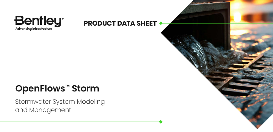 Product data sheet for Bentley's OpenFlows Storm, featuring stormwater system modeling and management with an image of water flowing through a storm drain.