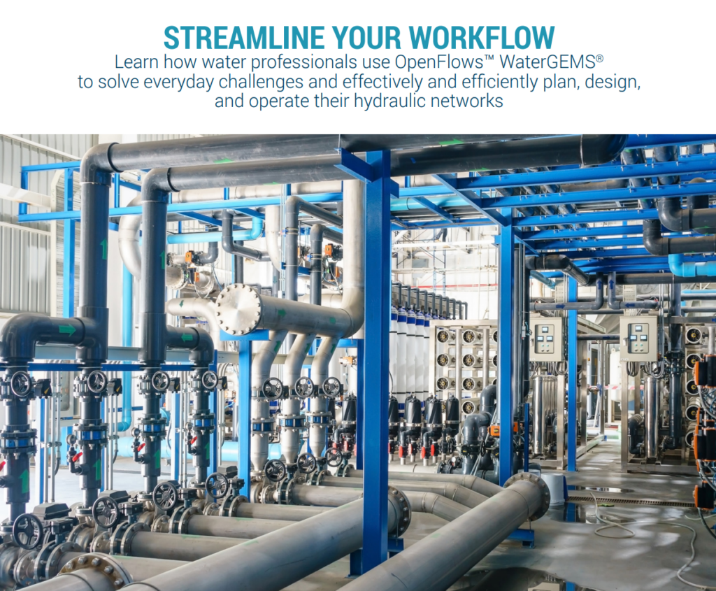 Industrial water treatment facility with an array of blue pipes, valves, and meters, promoting efficient hydraulic network management through advanced engineering software.
