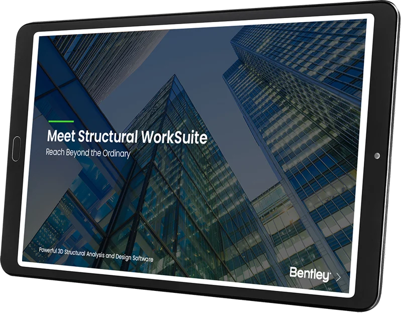 A tablet displaying an advertisement for Bentley's Structural WorkSuite software, featuring an image of skyscrapers and download e-book options.