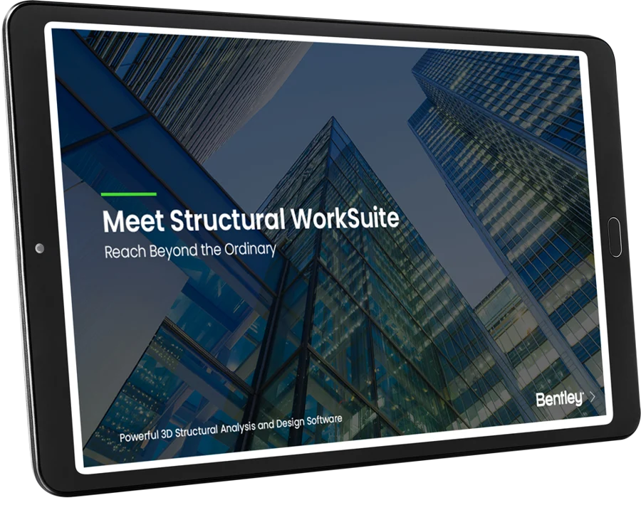 A tablet displaying an advertisement for Bentley's Structural WorkSuite software, featuring structural analysis of skyscrapers in the background.
