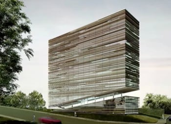 Modern, multi-story glass building with layered horizontal facade, surrounded by green trees under a clear sky, optimized with SEO keywords.