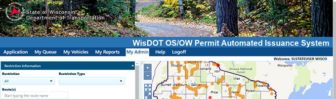 Capture d'écran de la page d'accueil du site Internet du Wisconsin DOT