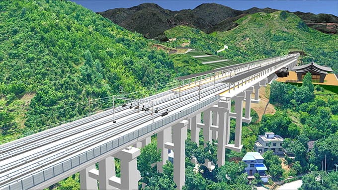 Rendering digitale di un ponte ferroviario in costruzione