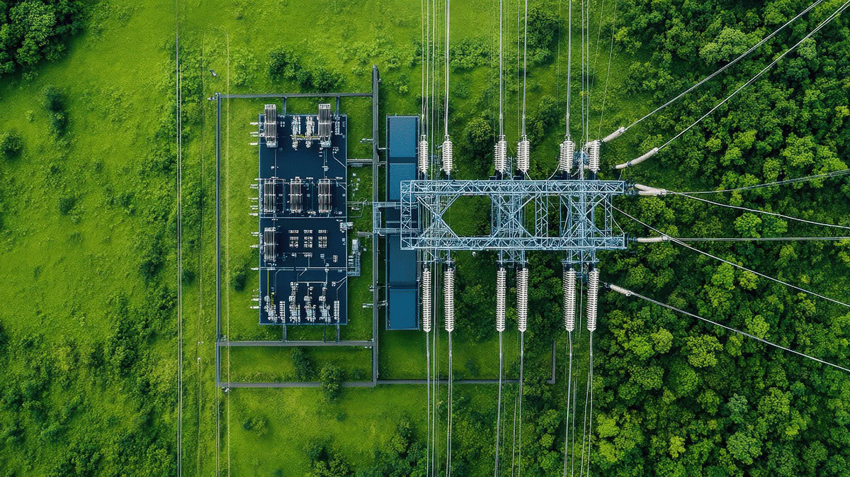 Aerial view of an electric utilities substation surrounded by green grass and dense trees, with multiple power lines extending outward.