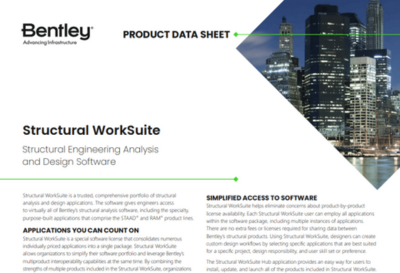 A product datasheet for Bentley's Structural WorkSuite software, featuring advanced structural analysis and design solutions, alongside a captivating cityscape image. Contains detailed product information and access details.