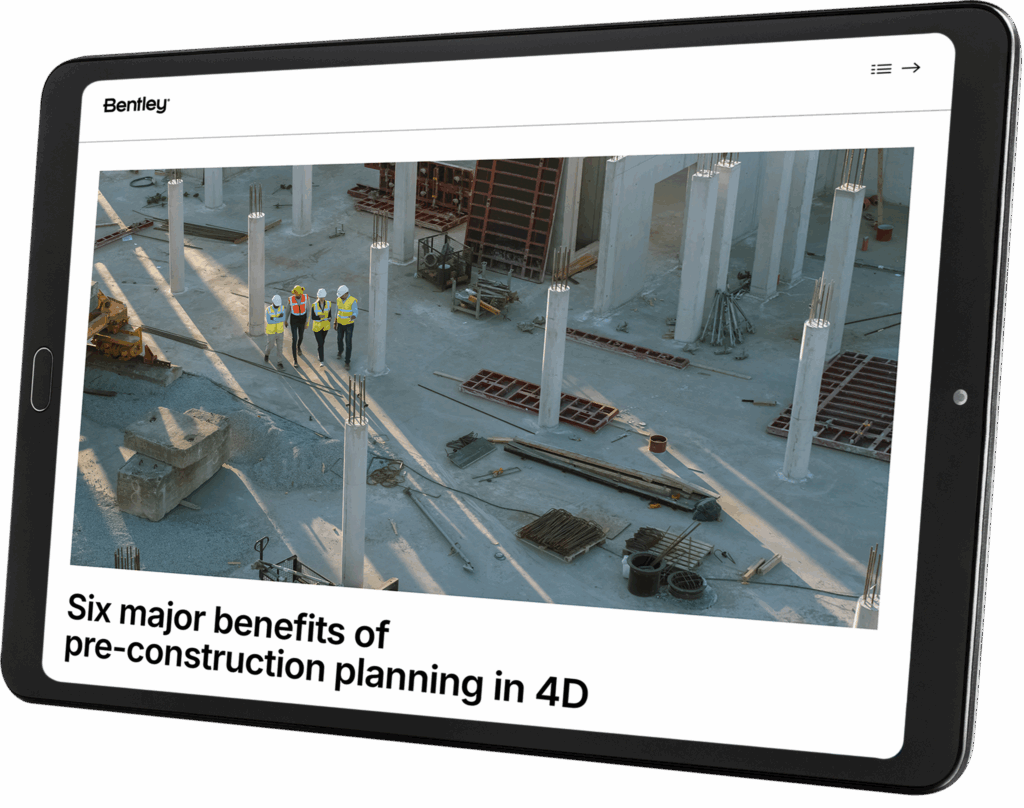 A tablet displays an article titled "Six major benefits of pre-construction planning in 4D," highlighting how 4D construction planning streamlines project management, with an overhead photo of workers at a construction site with columns and building materials.