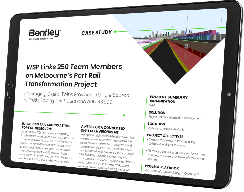 A tablet screen displays a case study by Bentley on WSP Links, emphasizing the collaboration of 250 team members for Melbourne's Port Rail Transformation Project. It includes a project summary and details on digital twin technology.
