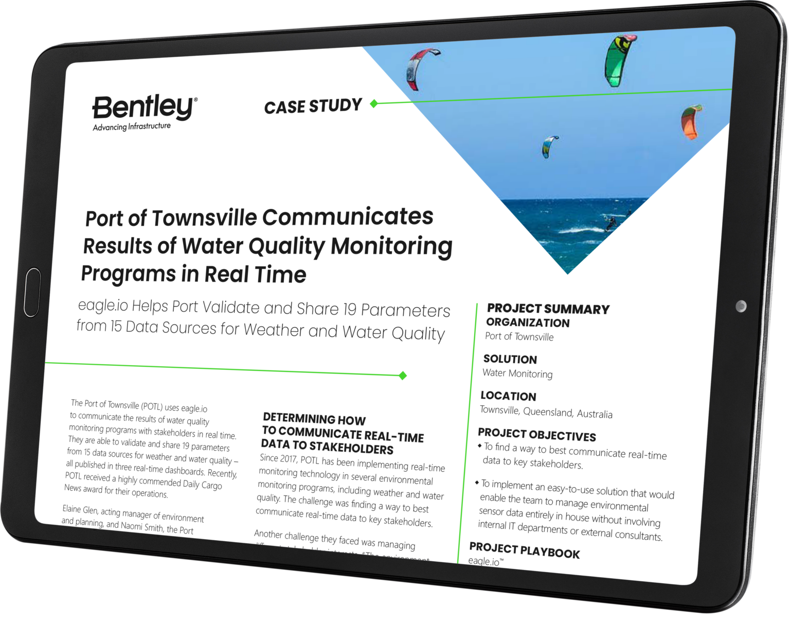 A tablet displaying a Bentley case study on the Port of Townsville's real-time communication of water quality monitoring results, including project summary, location, and data interaction details for the Port Rail Transformation initiative by WSP.