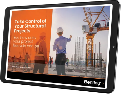 An advertisement for Bentley's STAAD Ram structural project software on a tablet, showing an engineer on a construction site pointing at ongoing work.