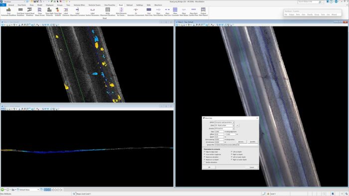 Software interface showing three views of a cylindrical object with colored markers; a settings dialog box is open displaying measurement parameters.