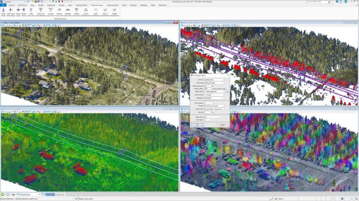 A computer screen displays four views of a 3D point cloud map, showing aerial and terrain data of a wooded area with houses and roads. An options window is open in one view.