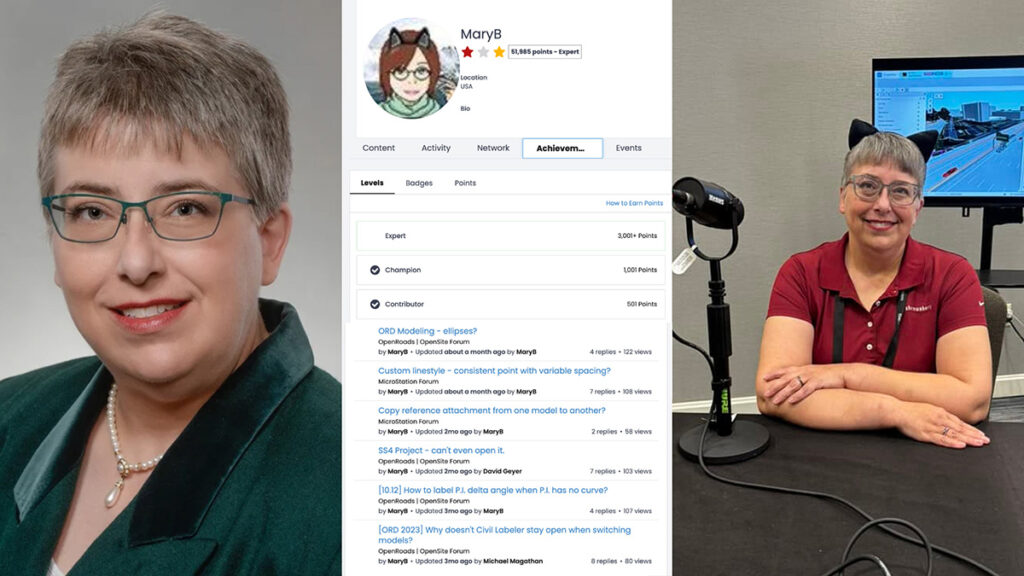 A woman with short gray hair and glasses appears in three settings: a formal portrait, a radio studio, and an online profile showcasing Bentley Communities member Mary Bloswick’s achievements as a self-taught drafter.