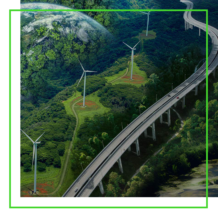 terra sovrapposta a un'immagine di mulini a vento e di un'autostrada in una foresta verde