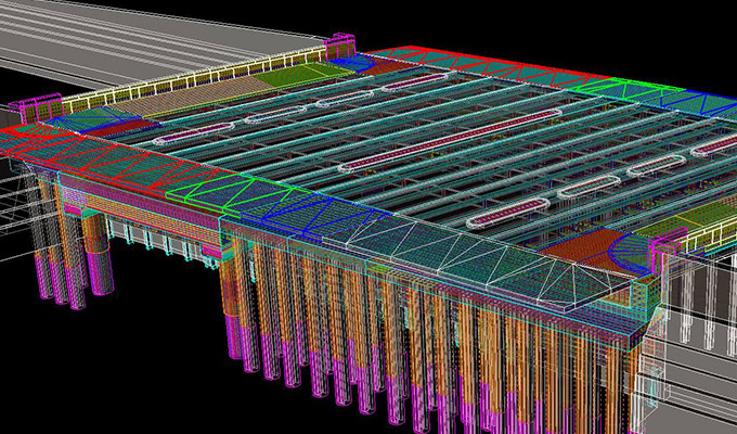 3D model of a bridge structure with detailed lines and colors, showcasing various components like beams and supports on a black background.