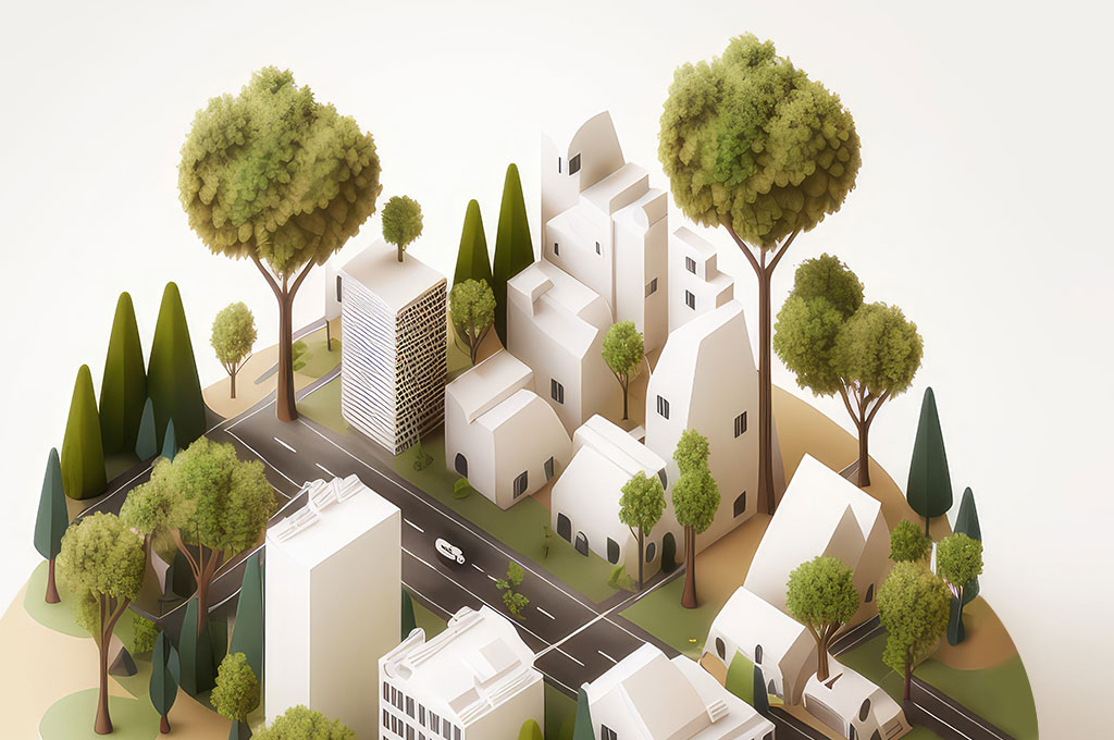 Izometryczne zrównoważone miasto z drzewami na białym tle.