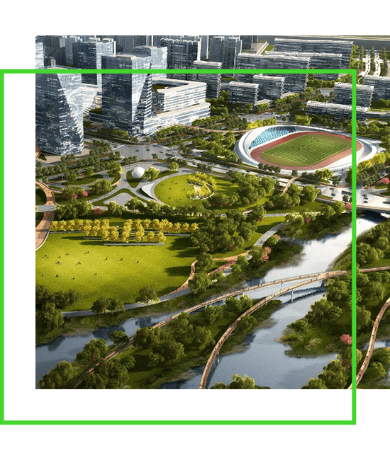Rendering einer Luftaufnahme einer Stadt mit einem Park und einem Fluss.