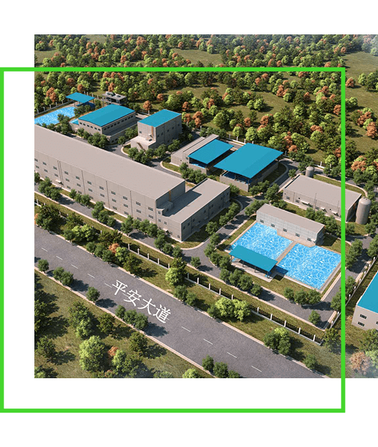 Uma renderização computacional de uma vista aérea de uma fábrica com piscina.