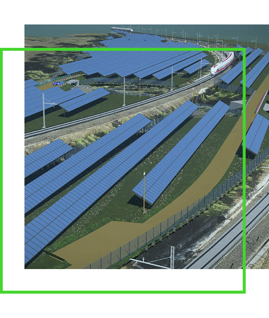 Un rendering artistico di pannelli solari accanto a un binario ferroviario.