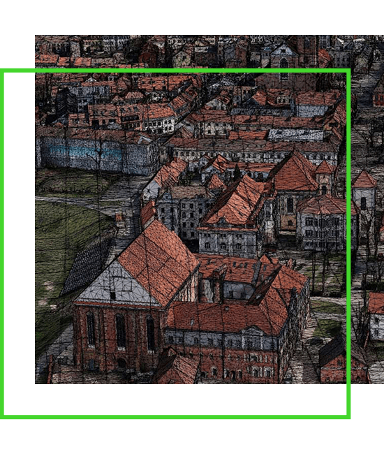 Rendu logiciel d'une vue aérienne d'une ville polonaise.