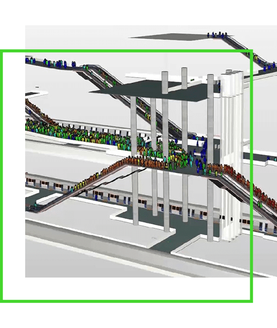 Modèle 3D d'une gare ferroviaire avec des passagers à l'intérieur.