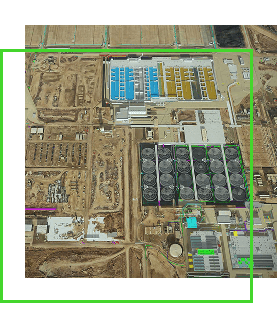 Vista aerea di un grande cantiere di un impianto di trattamento delle acque.