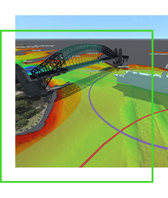 The sydney harbour bridge is shown in a 3d model.
