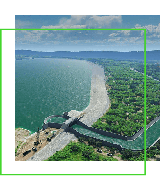 An aerial view of a dam near a body of water.