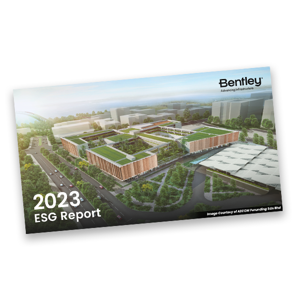 Imagem em miniatura do relatório ESG 2023 com um prédio ao fundo