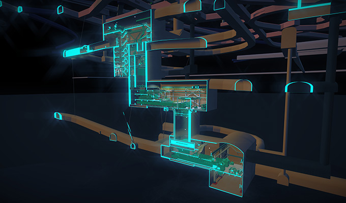Representación 3d de una mina de datos que muestra múltiples túneles que se conectan a diferentes salas