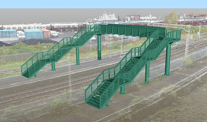 Rendering und Bau eines Fußgängerwegs auf einer Eisenbahnbrücke
