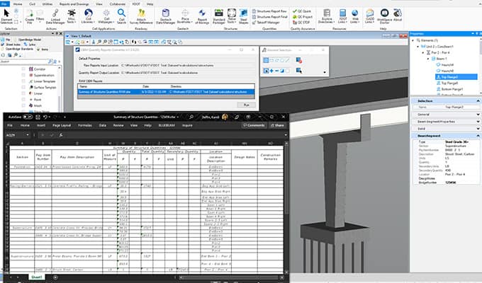 Software screenshot rendering of roadway and bridge design development