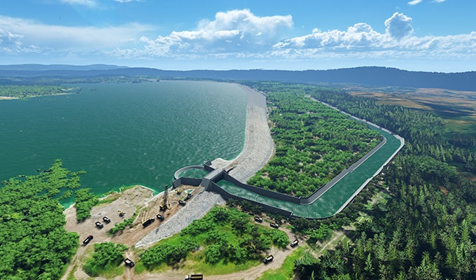 Rendering del progetto della diga di Semantok
