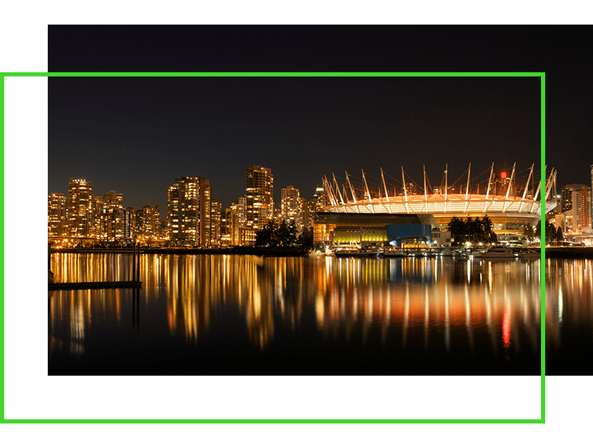 The city of vancouver with a green frame.